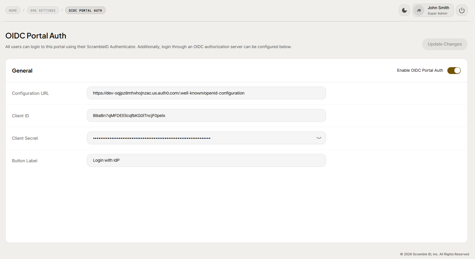 Admin Console: Org Settings > OIDC Portal Auth