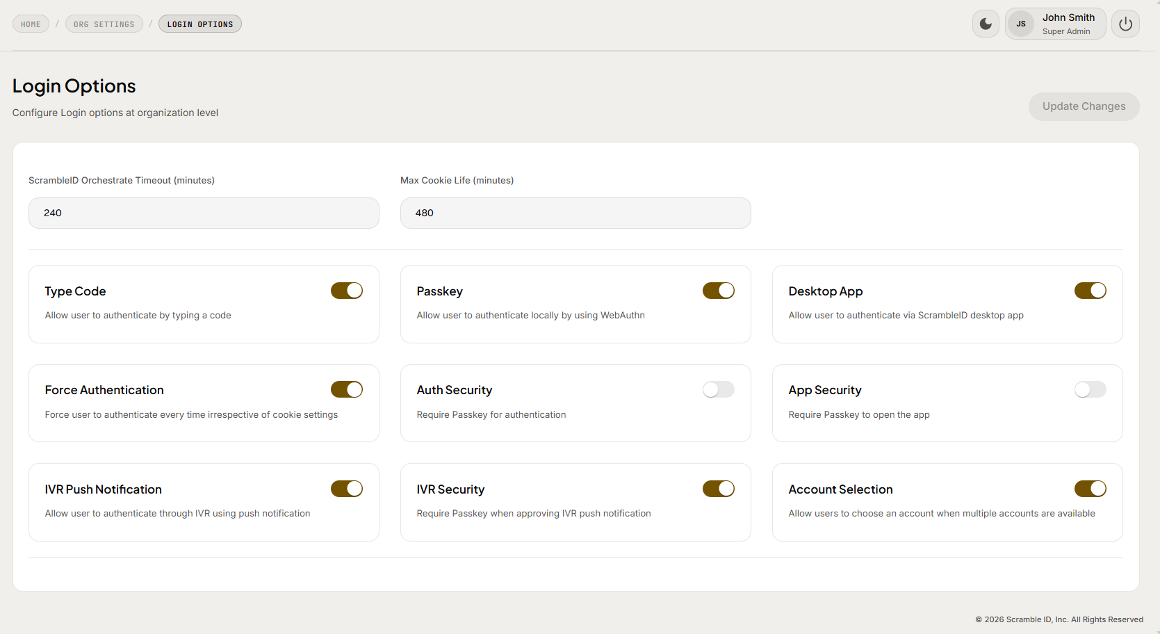 Admin Console: Org Settings > Login Options