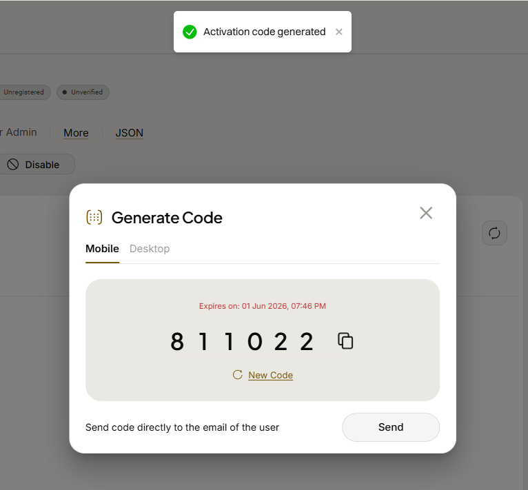 Admin Console: Generate a User Activation Code (2)