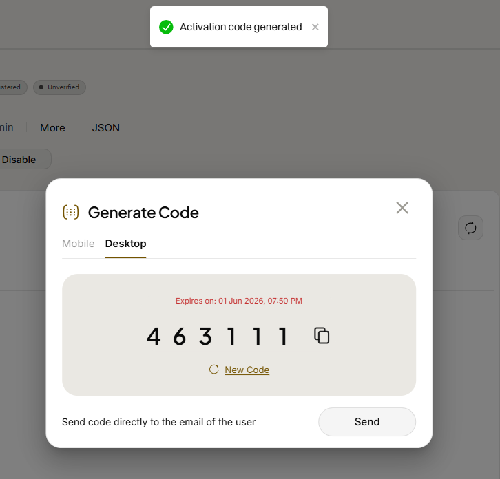 Admin Console: Generate a User Activation Code (4)