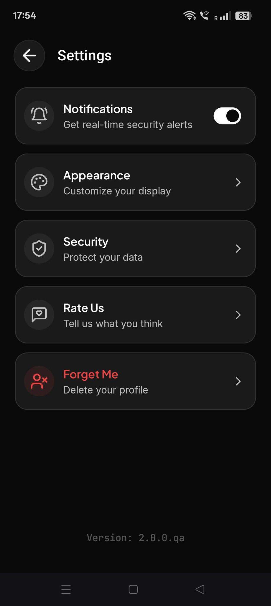 Mobile App: Profile > Settings > Forget me