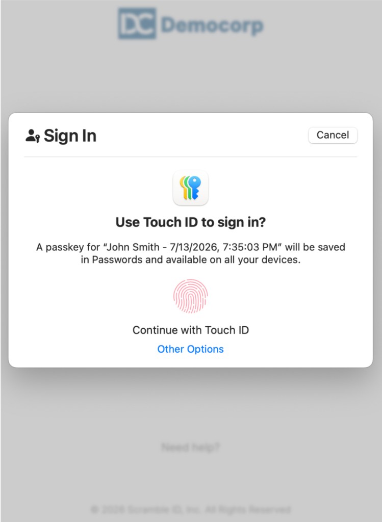 Mobile App: Passkey on Mac OS Touch ID