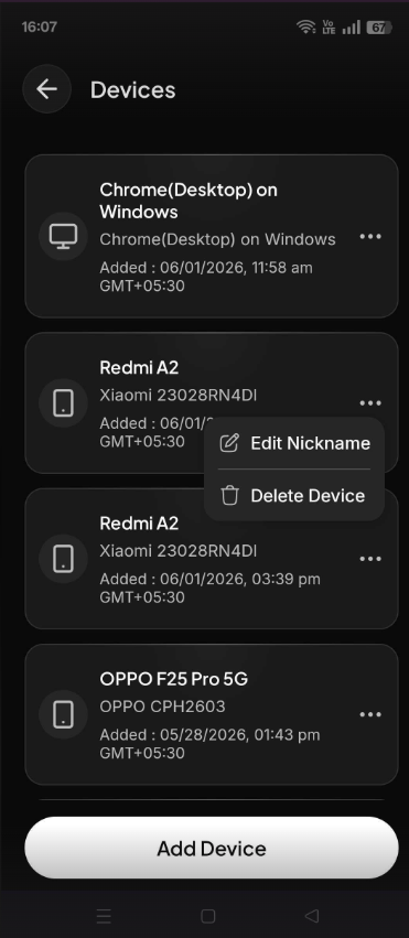 Mobile App: Profile > Devices
